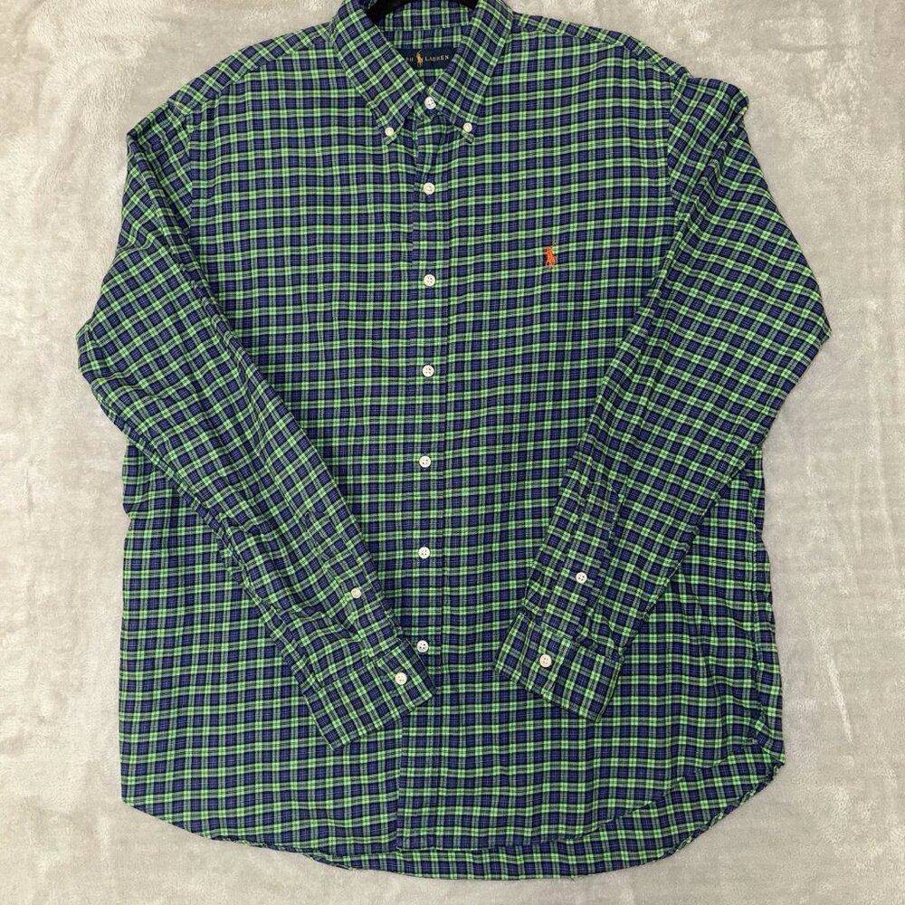 Polo Ralph Lauren XL Black Watch Plaid Shirt Orange Overcheck & Pony Blue Green